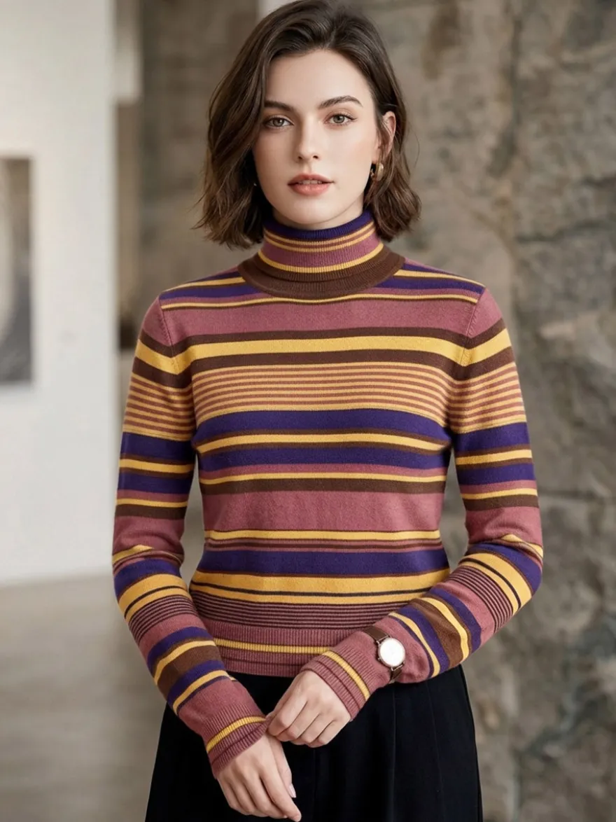 Pull en maille à col roulé rayé de couleur manches longues coupe ajustée style décontracté pour femme