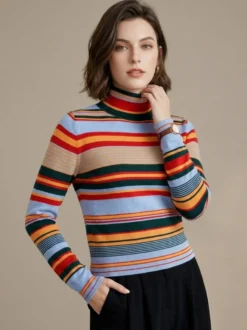 Pull en maille à col roulé rayé de couleur manches longues coupe ajustée style décontracté pour femme