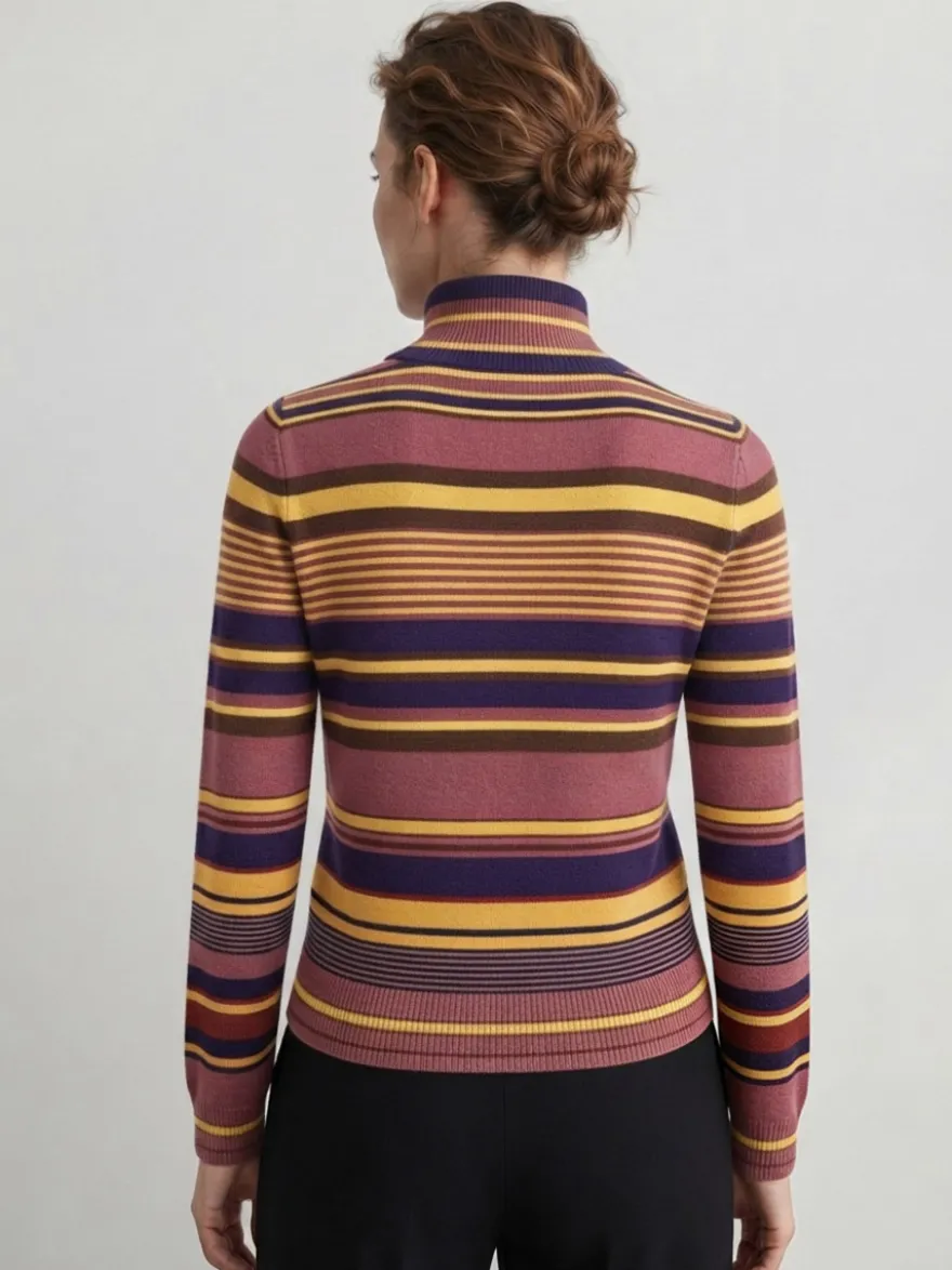 Pull en maille à col roulé rayé de couleur manches longues coupe ajustée style décontracté pour femme