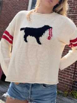 Pull en maille à motif chien pour femme col rond double rayures manches longues amples et ajourées.