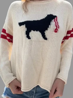 Pull en maille à motif chien pour femme col rond double rayures manches longues amples et ajourées.