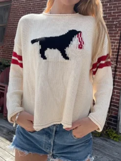 Pull en maille à motif chien pour femme col rond double rayures manches longues amples et ajourées.