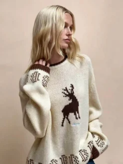 Pull en maille à motif renne pour femme col rond poignets bicolores manches longues coupe ample idéal pour Noël