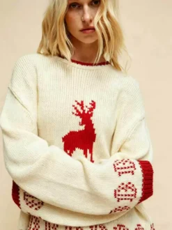 Pull en maille à motif renne pour femme col rond poignets bicolores manches longues coupe ample idéal pour Noël
