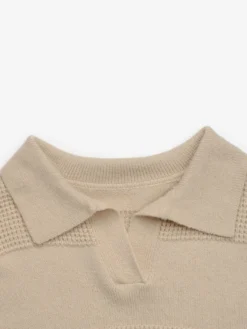 Pull en maille texturée à rayures gaufrées et col polo à demi-boutons