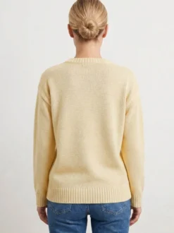 Pull femme à col rond en maille brodée de poissons manches longues coupe ample et décontractée.