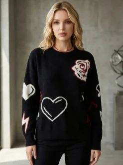 Pull-over oversize à col rond en maille jacquard rose cœur à manches longues