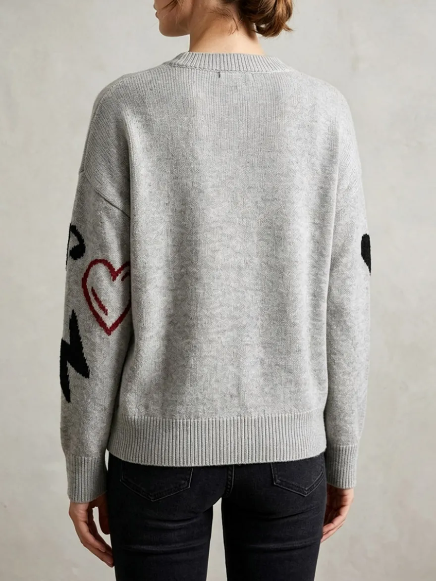 Pull-over oversize à col rond en maille jacquard rose cœur à manches longues