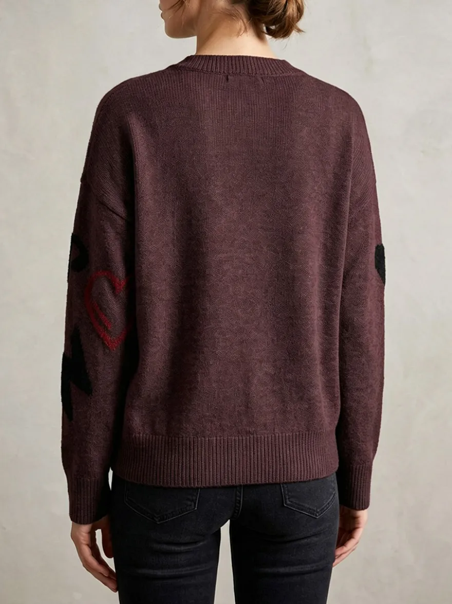 Pull-over oversize à col rond en maille jacquard rose cœur à manches longues