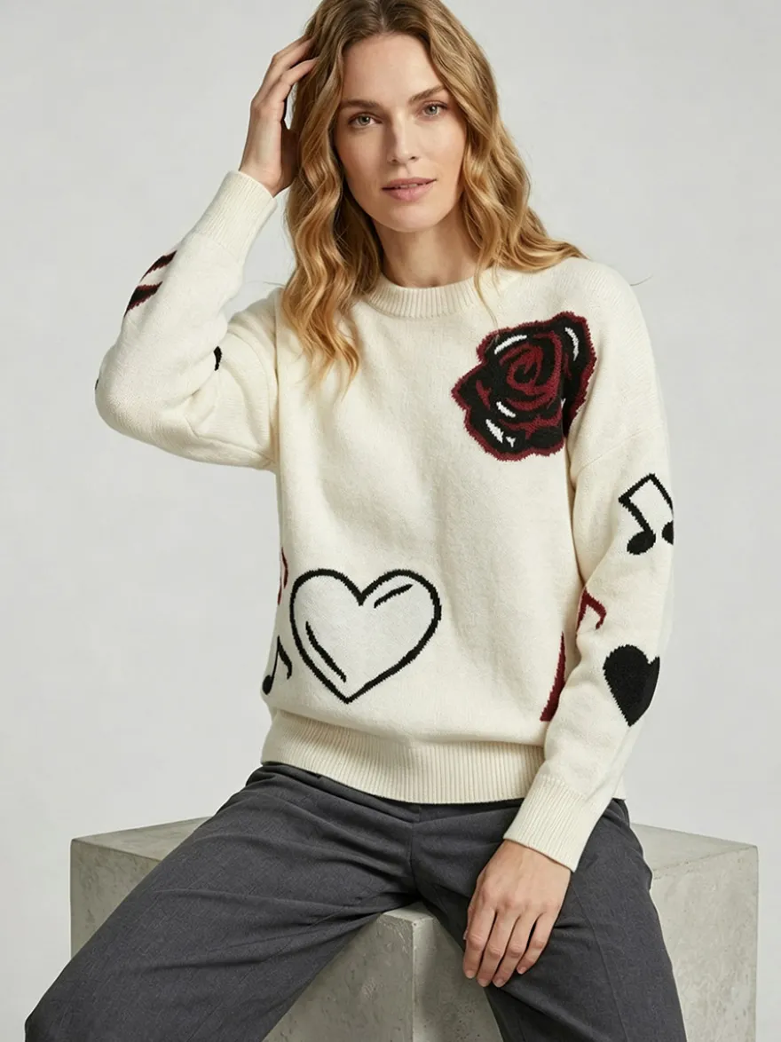 Pull-over oversize à col rond en maille jacquard rose cœur à manches longues