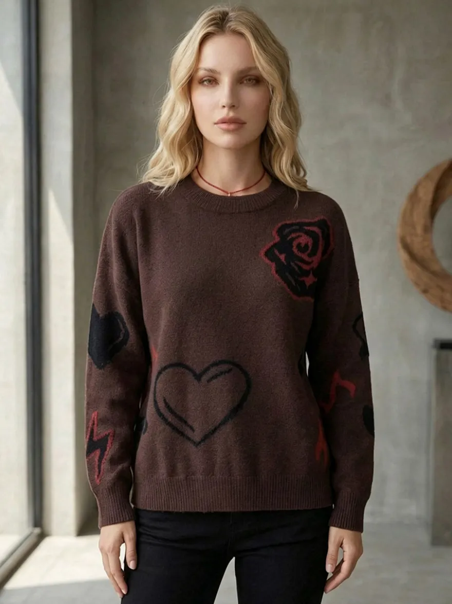 Pull-over oversize à col rond en maille jacquard rose cœur à manches longues
