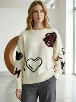 Pull-over oversize à col rond en maille jacquard rose cœur à manches longues