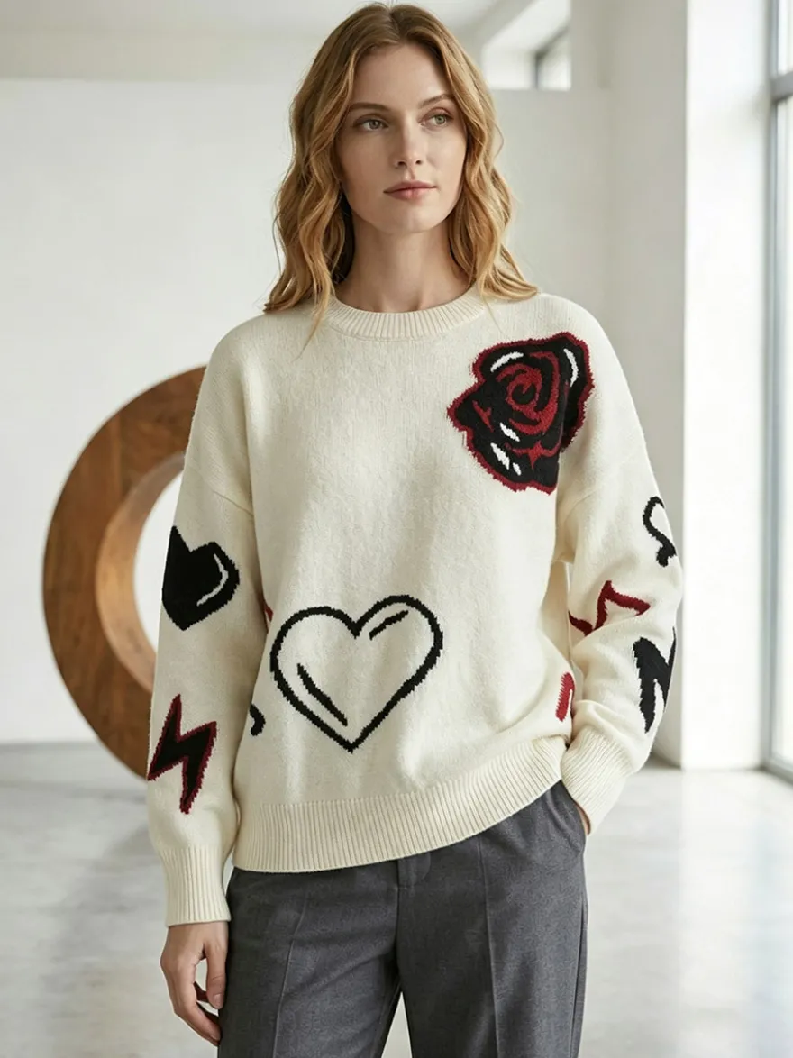 Pull-over oversize à col rond en maille jacquard rose cœur à manches longues