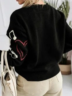 Pull-over oversize à col rond en maille jacquard rose cœur à manches longues