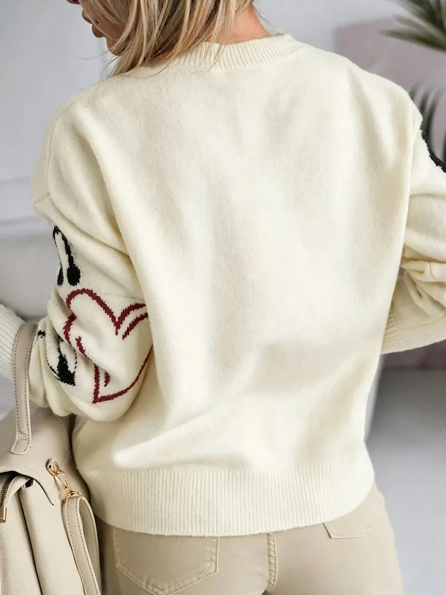 Pull-over oversize à col rond en maille jacquard rose cœur à manches longues