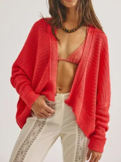 Pull oversize en maille ajourée col V manches chauve-souris ourlet asymétrique cardigan ouvert sur le devant