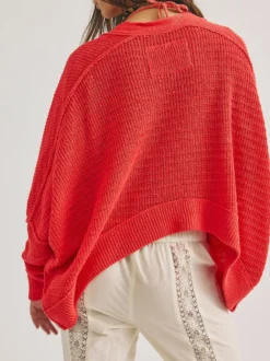 Pull oversize en maille ajourée col V manches chauve-souris ourlet asymétrique cardigan ouvert sur le devant
