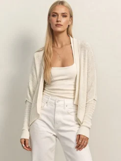 Pull oversize en maille ajourée col V manches chauve-souris ourlet asymétrique cardigan ouvert sur le devant