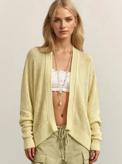 Pull oversize en maille ajourée col V manches chauve-souris ourlet asymétrique cardigan ouvert sur le devant