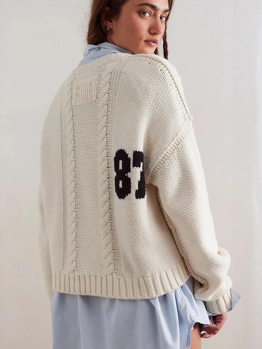 Pull oversize en maille torsadée pour femme imprimé chiffres court haut décontracté