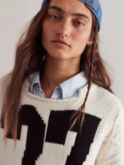 Pull oversize en maille torsadée pour femme imprimé chiffres court haut décontracté