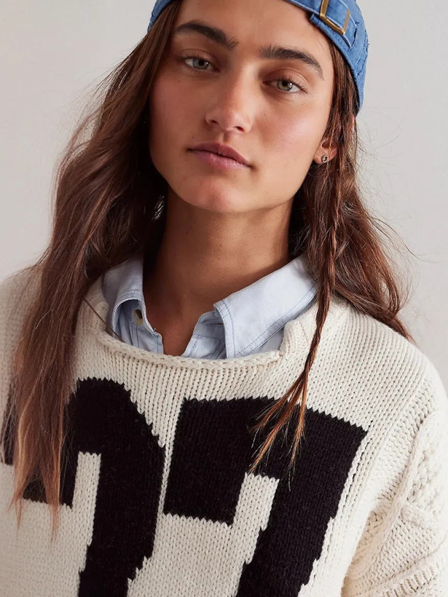 Pull oversize en maille torsadée pour femme imprimé chiffres court haut décontracté