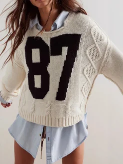 Pull oversize en maille torsadée pour femme imprimé chiffres court haut décontracté