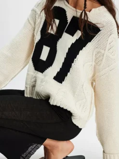 Pull oversize en maille torsadée pour femme imprimé chiffres court haut décontracté