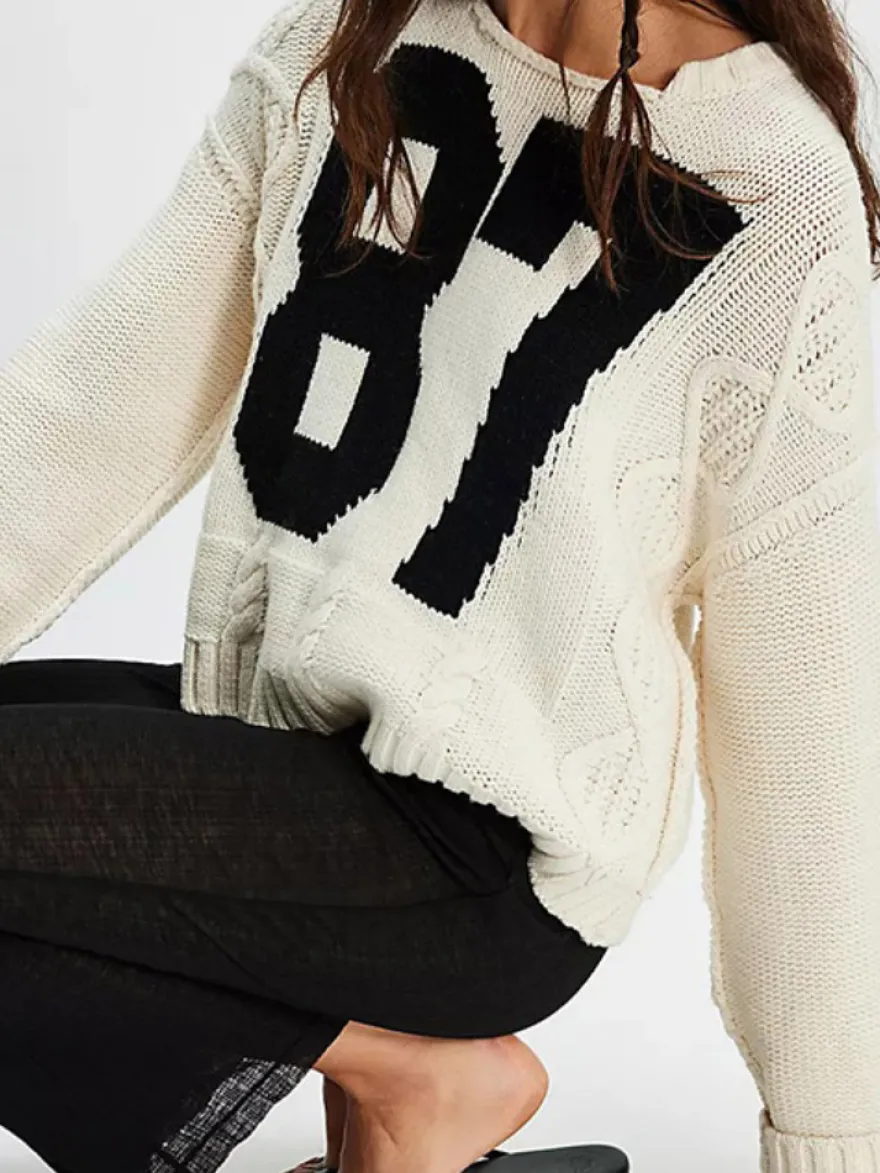 Pull oversize en maille torsadée pour femme imprimé chiffres court haut décontracté
