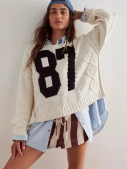 Pull oversize en maille torsadée pour femme imprimé chiffres court haut décontracté