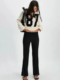 Pull oversize en maille torsadée pour femme imprimé chiffres court haut décontracté