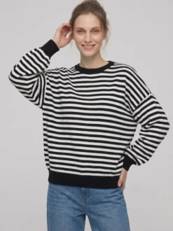 Pull rayé à col rond dos nu manches longues et épaules tombantes coupe ample et décontractée pour femme