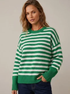 Pull rayé à col rond en maille manches longues amples style décontracté pour femme.