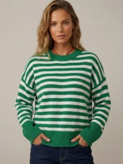 Pull rayé à col rond en maille manches longues amples style décontracté pour femme.