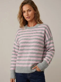 Pull rayé à col rond en maille manches longues amples style décontracté pour femme.