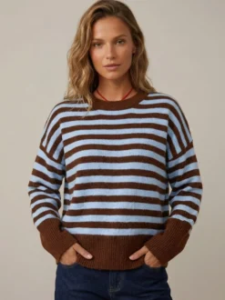 Pull rayé à col rond en maille manches longues amples style décontracté pour femme.