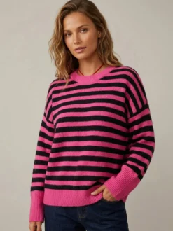 Pull rayé à col rond en maille manches longues amples style décontracté pour femme.