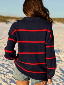 Pull rayé à demi-zip et col en maille manches longues épaules tombantes coupe ample style décontracté pour femme