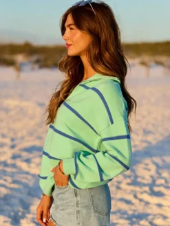 Pull rayé à demi-zip et col en maille manches longues épaules tombantes coupe ample style décontracté pour femme