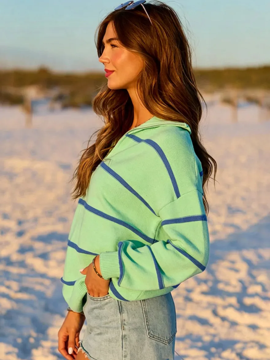 Pull rayé à demi-zip et col en maille manches longues épaules tombantes coupe ample style décontracté pour femme