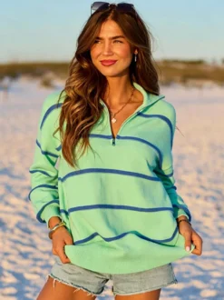 Pull rayé à demi-zip et col en maille manches longues épaules tombantes coupe ample style décontracté pour femme