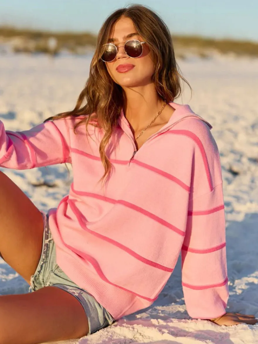 Pull rayé à demi-zip et col en maille manches longues épaules tombantes coupe ample style décontracté pour femme