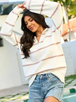 Pull rayé à demi-zip et col en maille manches longues épaules tombantes coupe ample style décontracté pour femme
