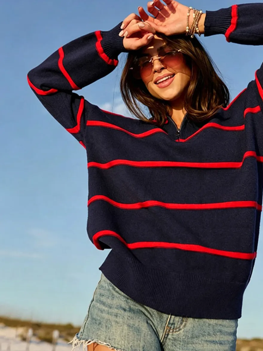 Pull rayé à demi-zip et col en maille manches longues épaules tombantes coupe ample style décontracté pour femme