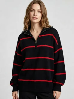 Pull rayé à demi-zip et col en maille manches longues épaules tombantes coupe ample style décontracté pour femme