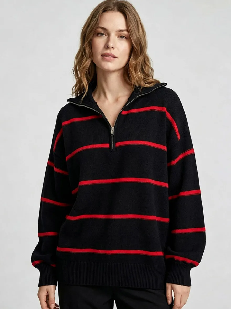 Pull rayé à demi-zip et col en maille manches longues épaules tombantes coupe ample style décontracté pour femme