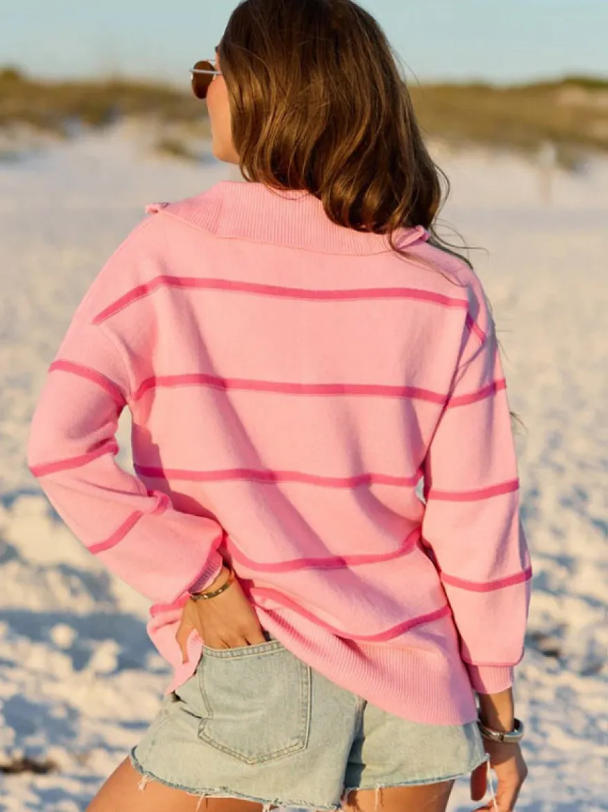 Pull rayé à demi-zip et col en maille manches longues épaules tombantes coupe ample style décontracté pour femme