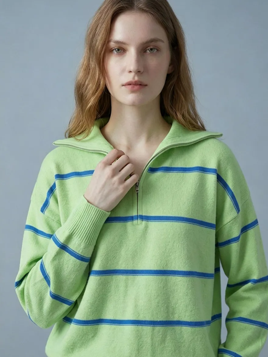 Pull rayé à demi-zip et col en maille manches longues épaules tombantes coupe ample style décontracté pour femme