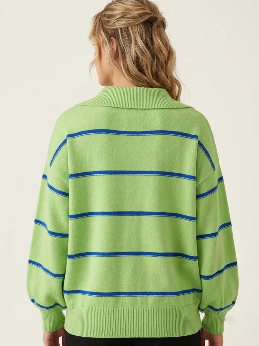 Pull rayé à demi-zip et col en maille manches longues épaules tombantes coupe ample style décontracté pour femme