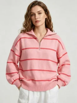 Pull rayé à demi-zip et col en maille manches longues épaules tombantes coupe ample style décontracté pour femme